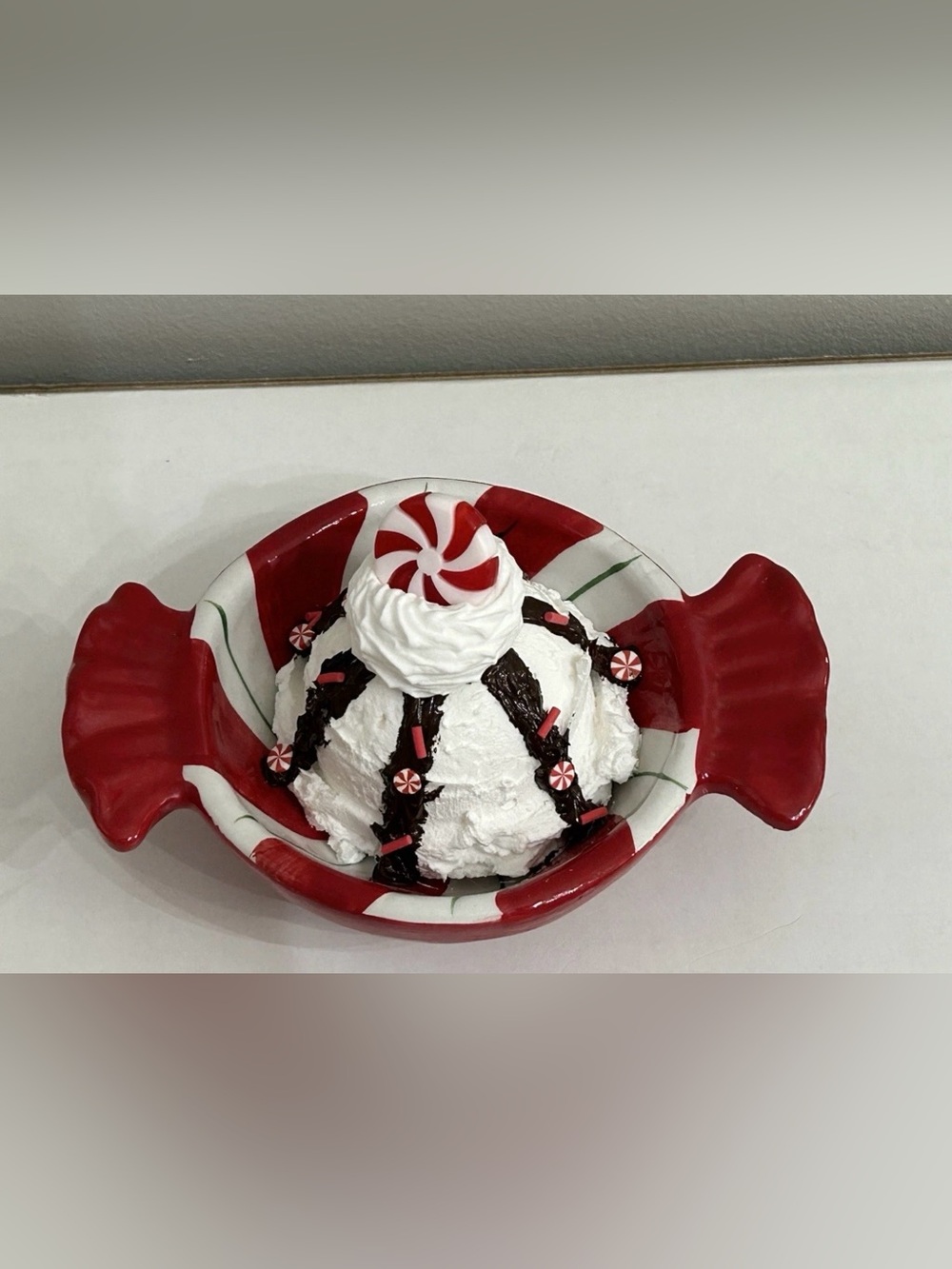 Festive Red Peppermint Candy Dish with Fake Ice Cream Display Handmade - Picture 2 of 4